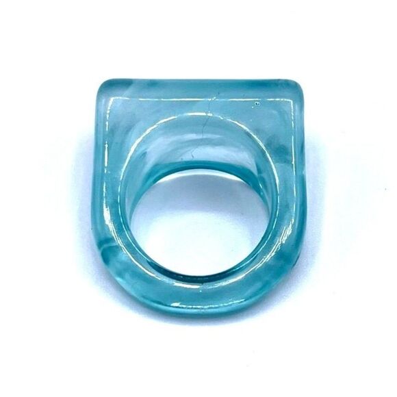 Blue and White Swirl Acrylic Geometric Barrel Chunky Statement Ring Size 6 - Picture 3 of 6